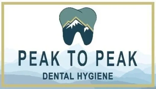 Logo for Peak to Peak Dental Hygiene, PC featuring mountain peaks and a person with sunglasses above the text
