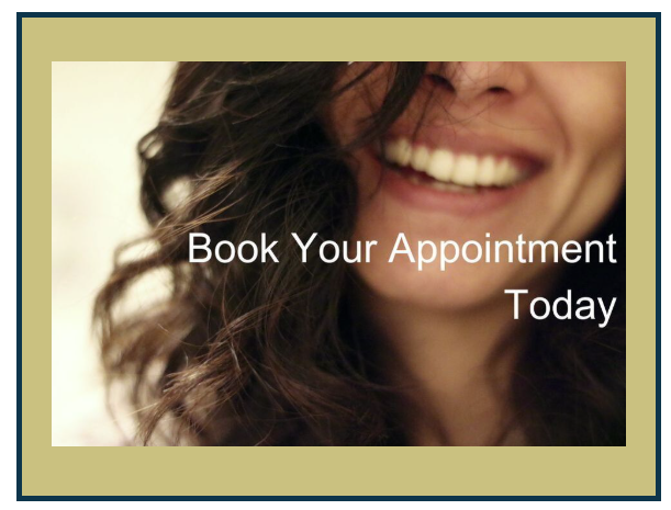 Close-up of a smiling woman with curly hair, overlaid text says "Book Your Appointment Today".
