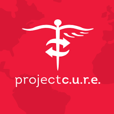 The image features a red background with a white emblem of a caduceus, a staff with two serpents intertwined, symbolizing healthcare. Below the emblem, the text reads 'projectc.u.r.e'.