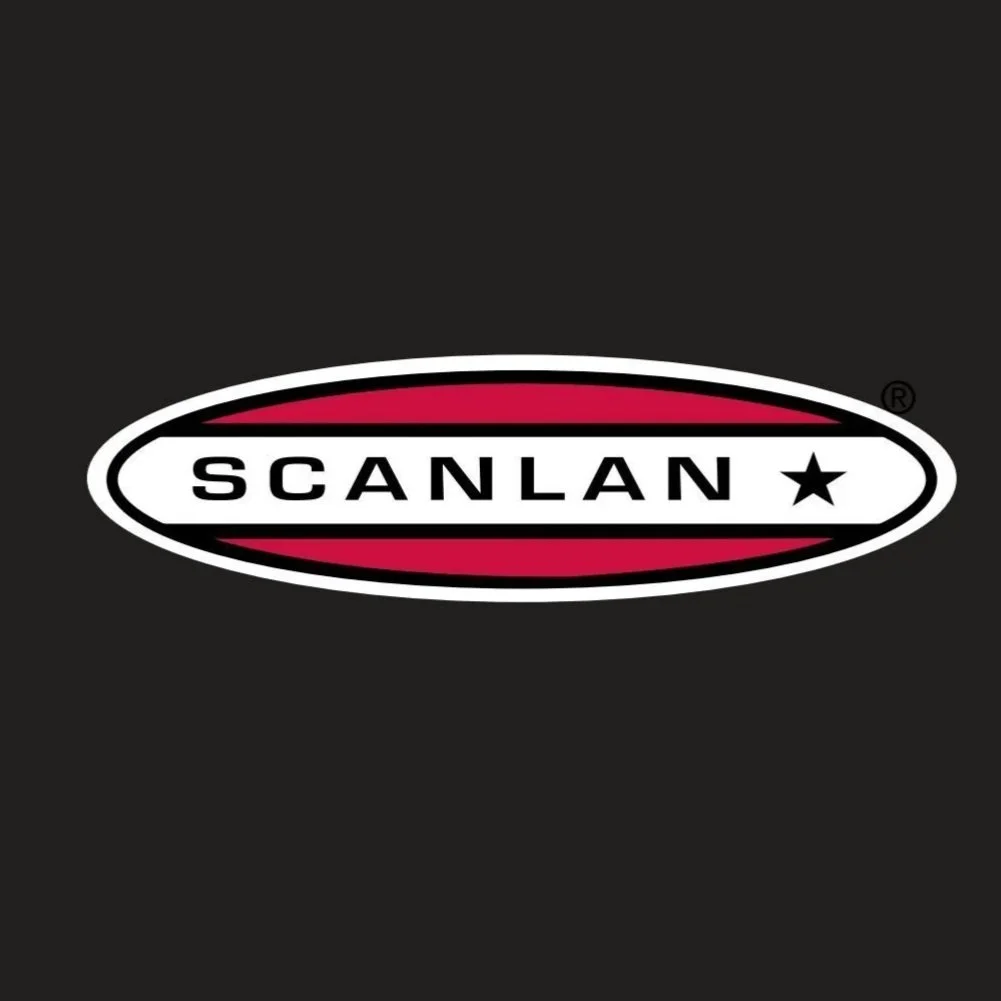 Scanlan logo with black background, white oval border, red inner shading, and black star.
