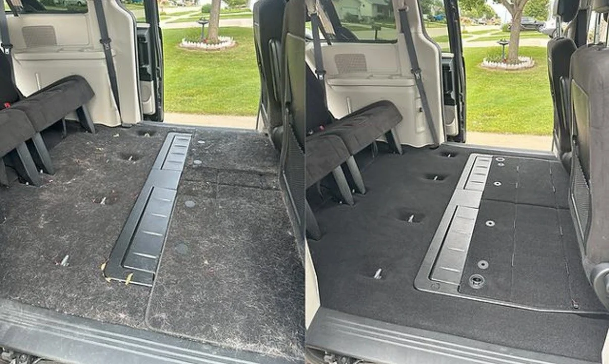 Side-by-side comparison of the interior of a van: the left shows a dirty, stained carpeted cargo area, and the right shows a clean, carpeted cargo area after cleaning.