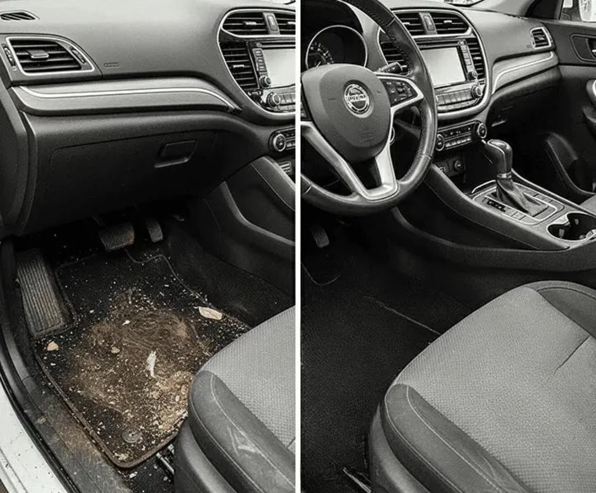 Side-by-side comparison of a car interior before and after cleaning. The left shows a dirty, muddy car floor with debris, while the right shows a clean, vacuumed interior.
