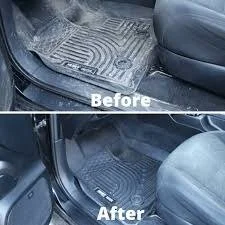 Comparison of car interior floor mats before and after cleaning, showing a dirty rubber mat in the 'Before' image and a clean, fresh-looking mat in the 'After' image.