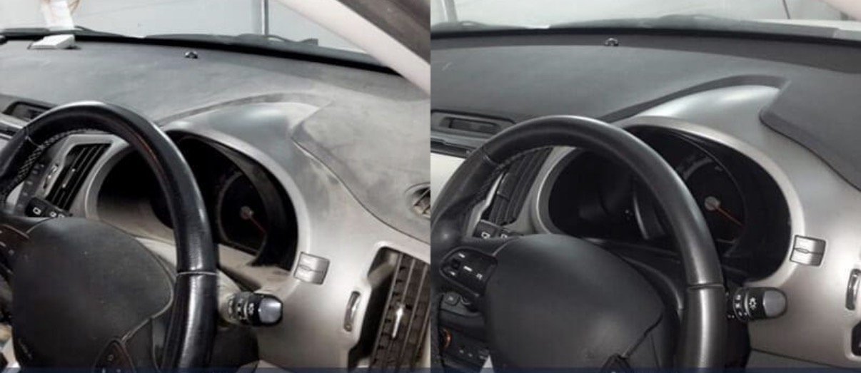 Comparison of two car dashboards showing the area behind the steering wheel with different levels of dust and cleaning.