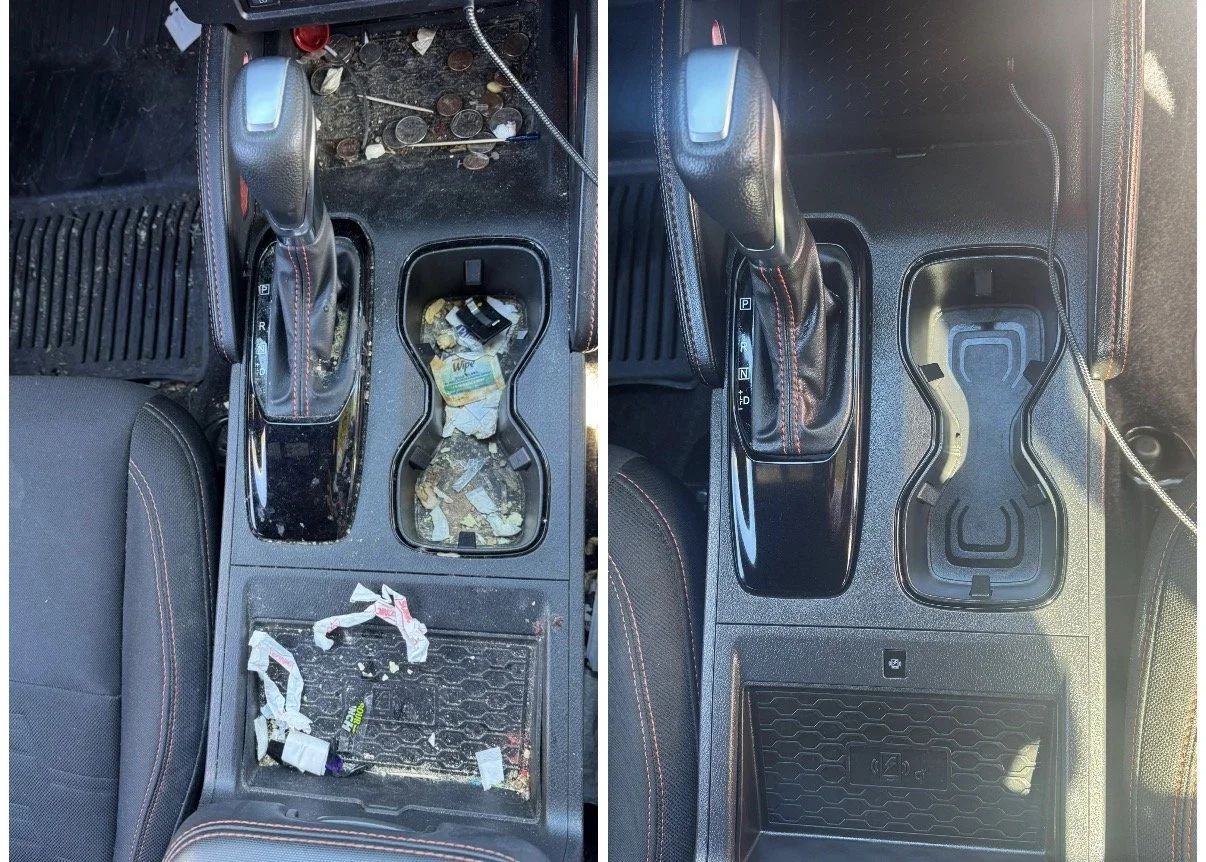 Before and after cleaning of a car's center console, showing the area filled with trash, dirt, and debris in the left image, and clean, organized space in the right image.