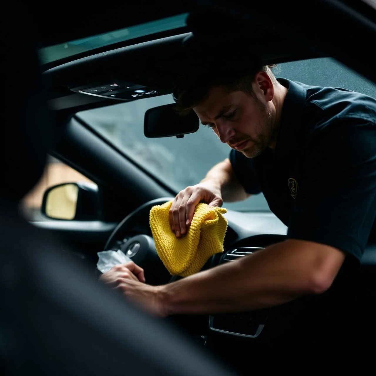 A man cleaning the interior of a car with a yellow cloth, with focused expression.