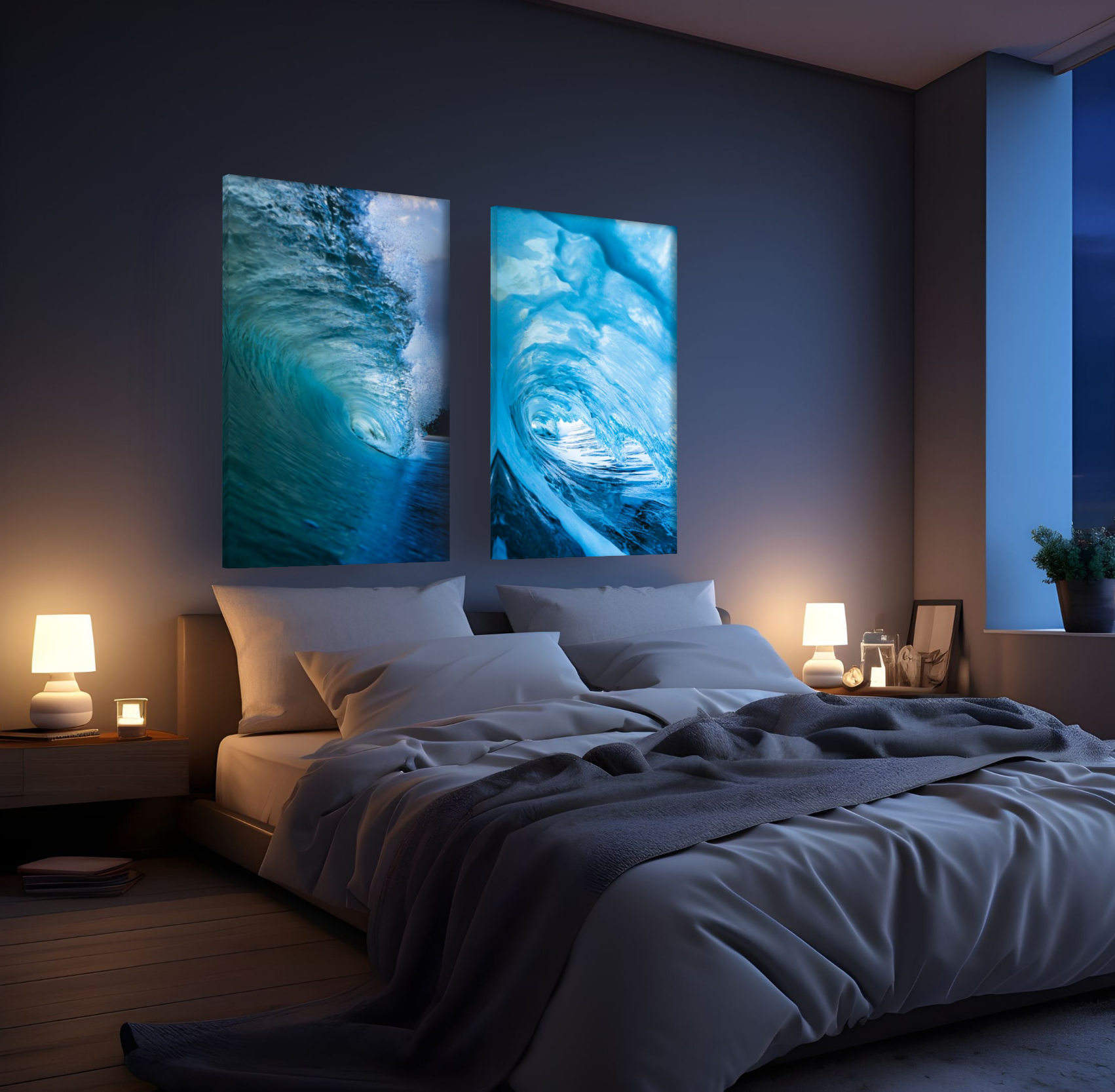 A bedroom with a bed, several pillows, and a gray blanket. Two framed paintings of ocean waves hang above the bed. Nightstands with lamps and other items are on each side of the bed. A window shows a night sky outside.