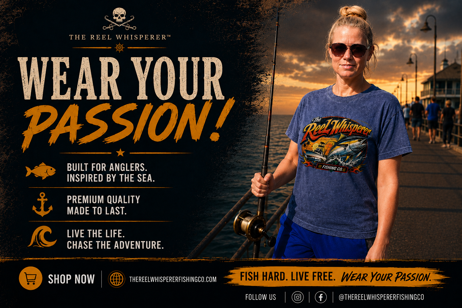 Fisherman wearing the Vintage RW Tee™ while reeling a fish offshore in Southern California.