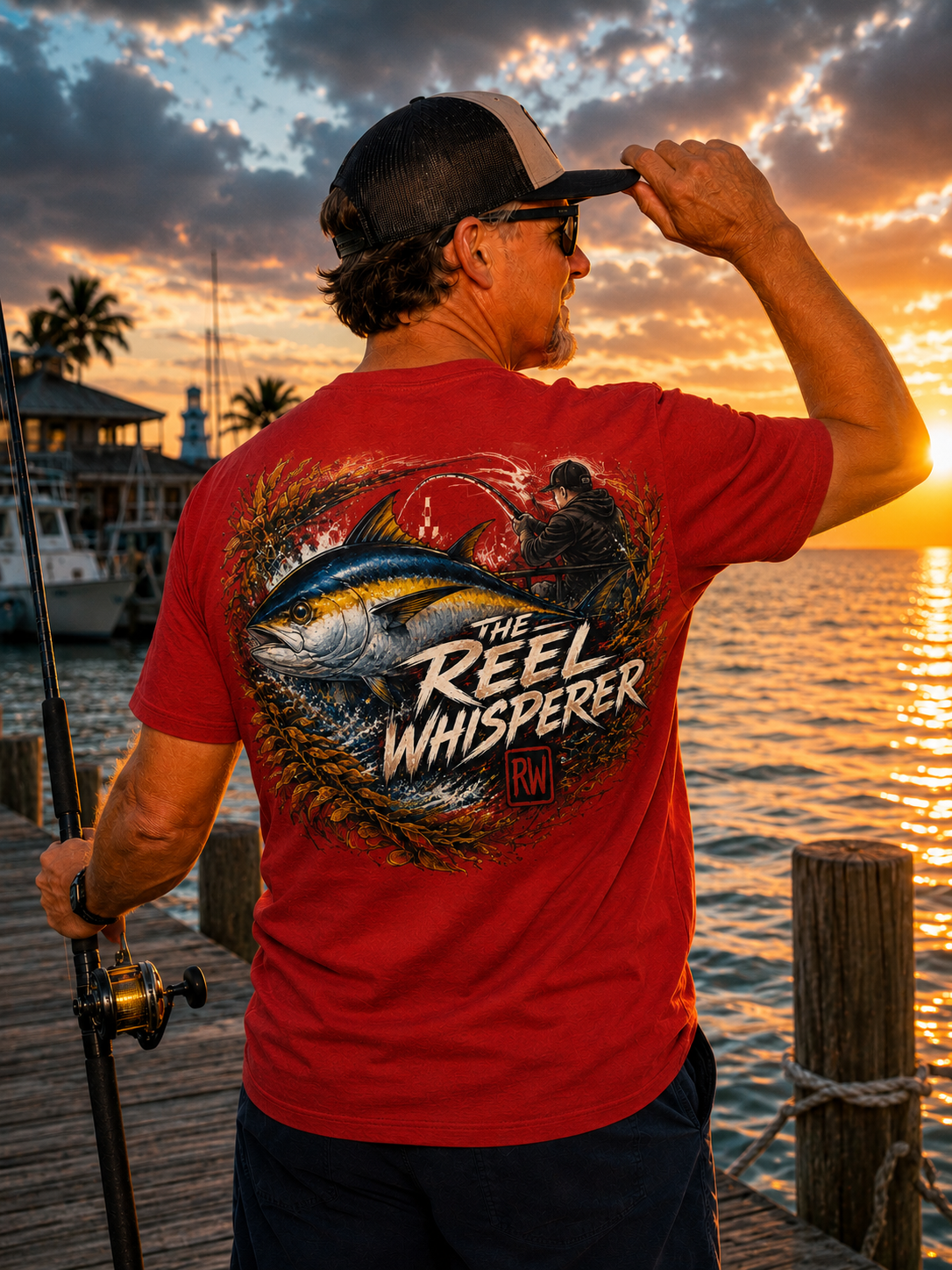 Man fishing on a pier during sunset, wearing a red t-shirt with a fish graphic and the text 'The Reel Whisperer.'