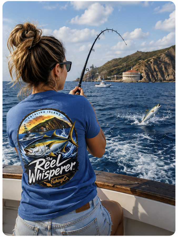 A woman on a boat fishing with a fishing rod, catching a fish in the ocean near Catalina Island.