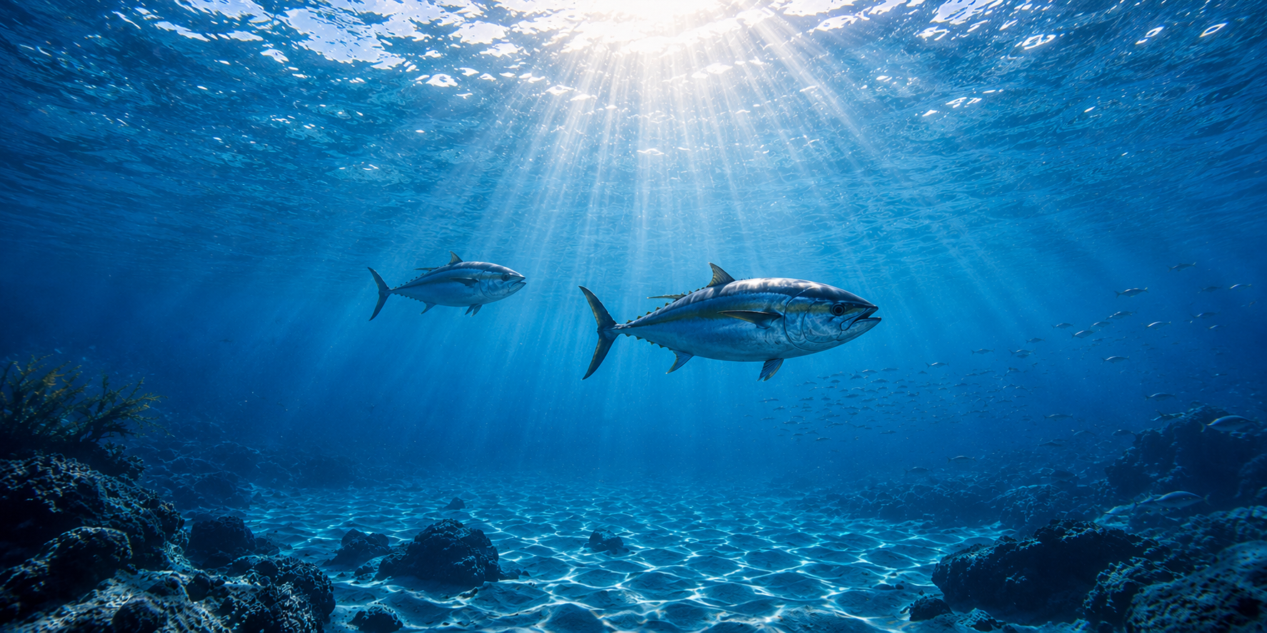 Underwater scene with sunlight rays shining through the water, two large fish swimming, coral and rocks on the seabed.