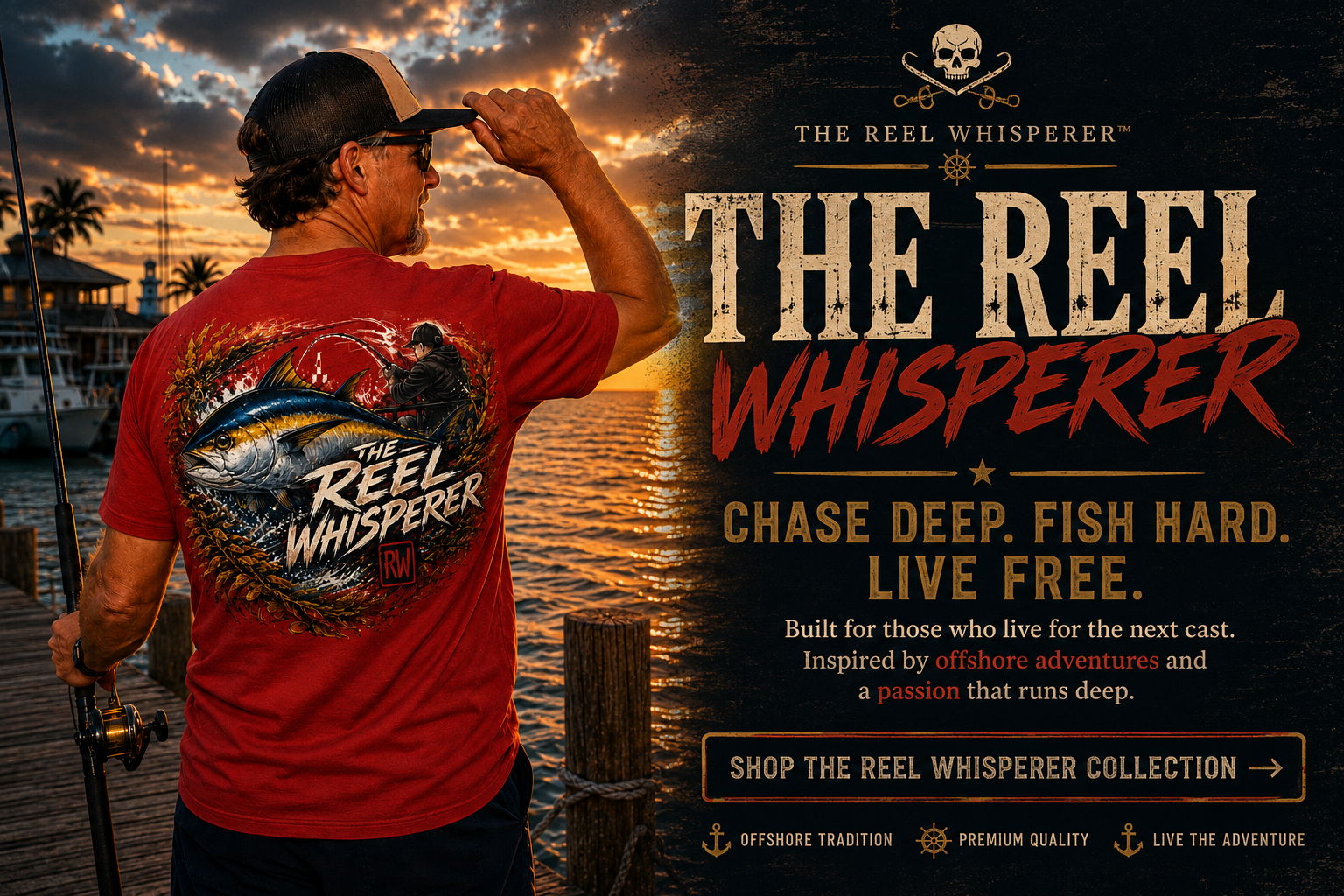 A man standing on a pier, wearing a red T-shirt with a fishing graphic on the back, holding a fishing rod, with a marina and sunset in the background.
