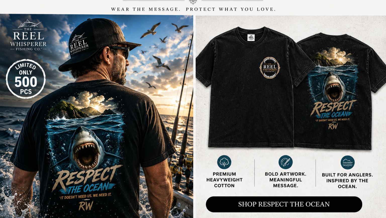 A man wearing a black cap and sunglasses on a fishing boat at sunset, with fishing rods in the background, wearing a black T-shirt with a shark graphic and the words "Respect the Ocean" and "It doesn’t need us. We need it."