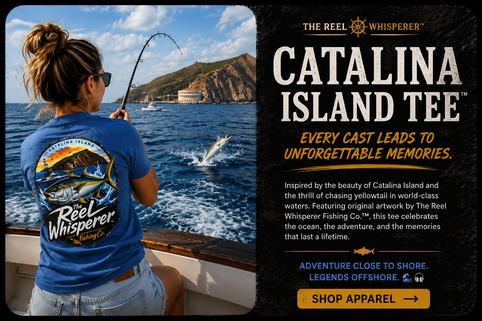 A woman on a boat fishing in the ocean, wearing a blue T-shirt with a Catalina Island fishing logo on the back, catching a fish. The background features canyon cliffs, a building, and a cruise ship on the water.