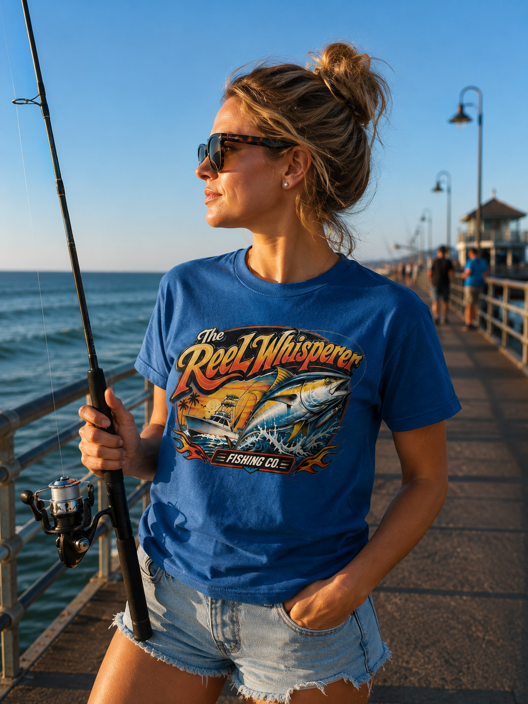 Woman in blue t-shirt and denim shorts holding fishing rod on pier at sunset.