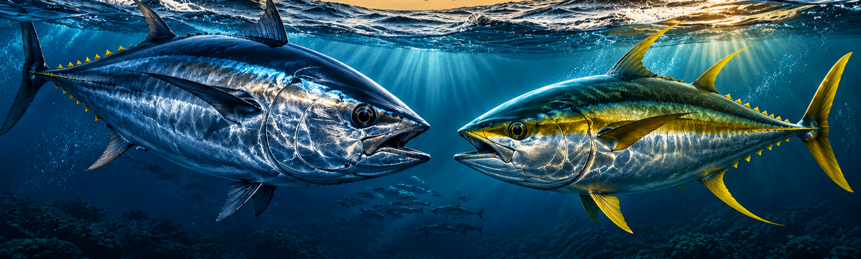 Two large yellowfin tuna fish facing each other underwater, sunlight beams through water, coral reef in background.