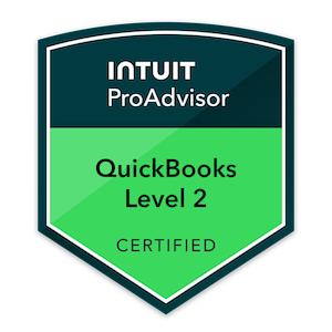 A badge indicating certification as QuickBooks Level 2 ProAdvisor from Intuit.