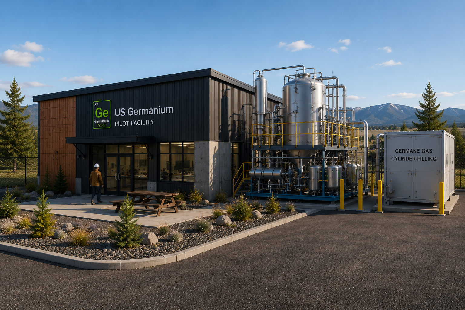 Exterior of a modern industrial building labeled 'US Germanium Pilot Facility' with equipment for gas cylinder filling in foreground, mountains in background.