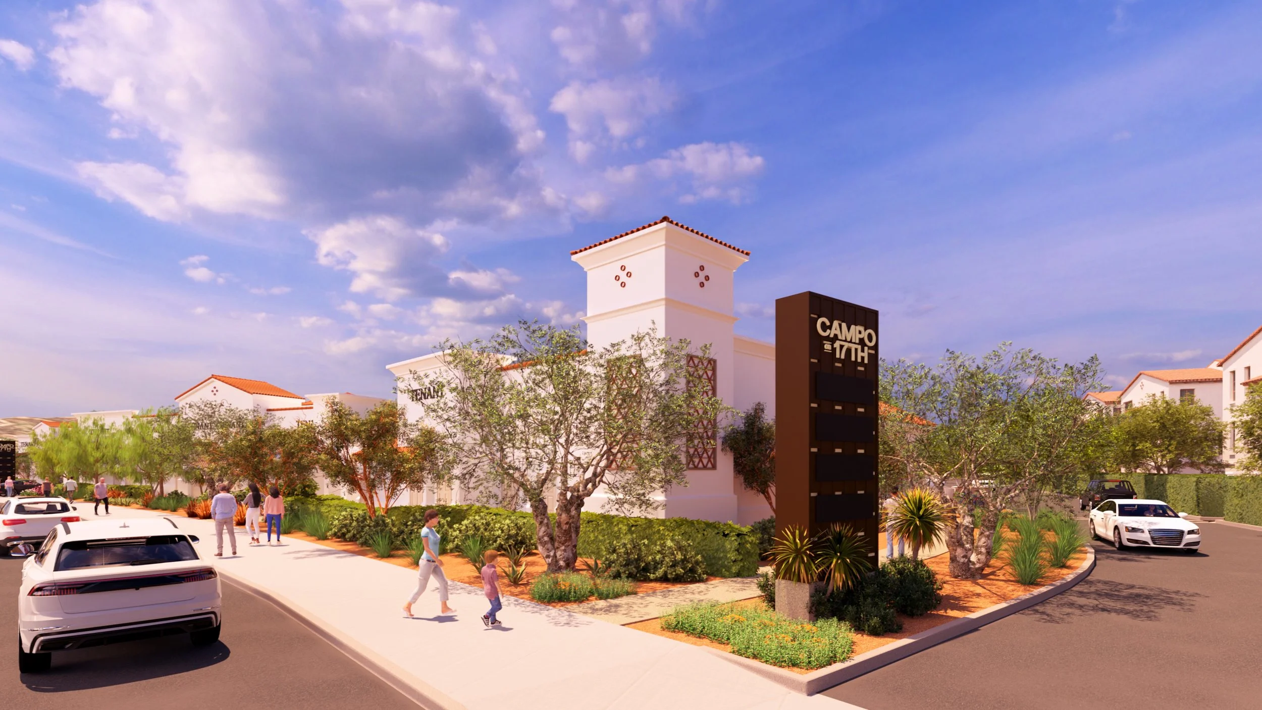 A modern shopping complex with a white building featuring a tower and a sign that reads 'CAMPUS at 17TH'. The parking lot in the foreground has several cars and pedestrians, with trees and landscaping around the area under a partly cloudy sky.