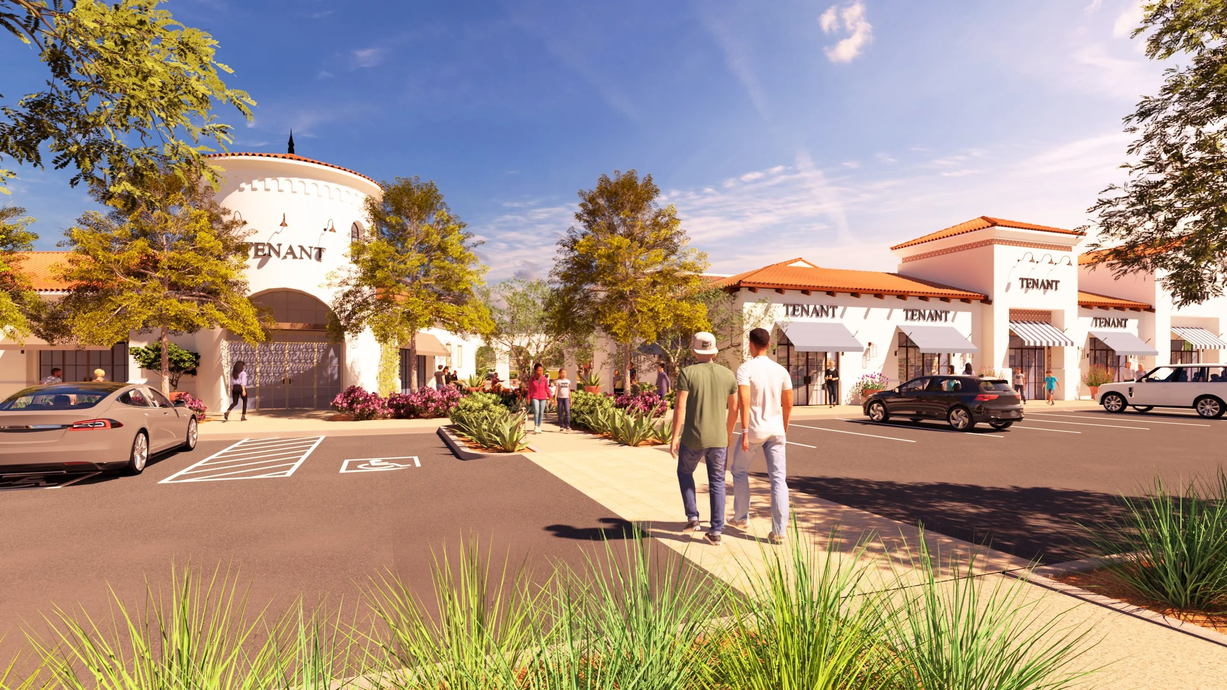 Rendering of a shopping plaza with retail stores labeled 'TENANT', surrounded by trees, floral landscaping, and parked cars, with people walking and socializing.