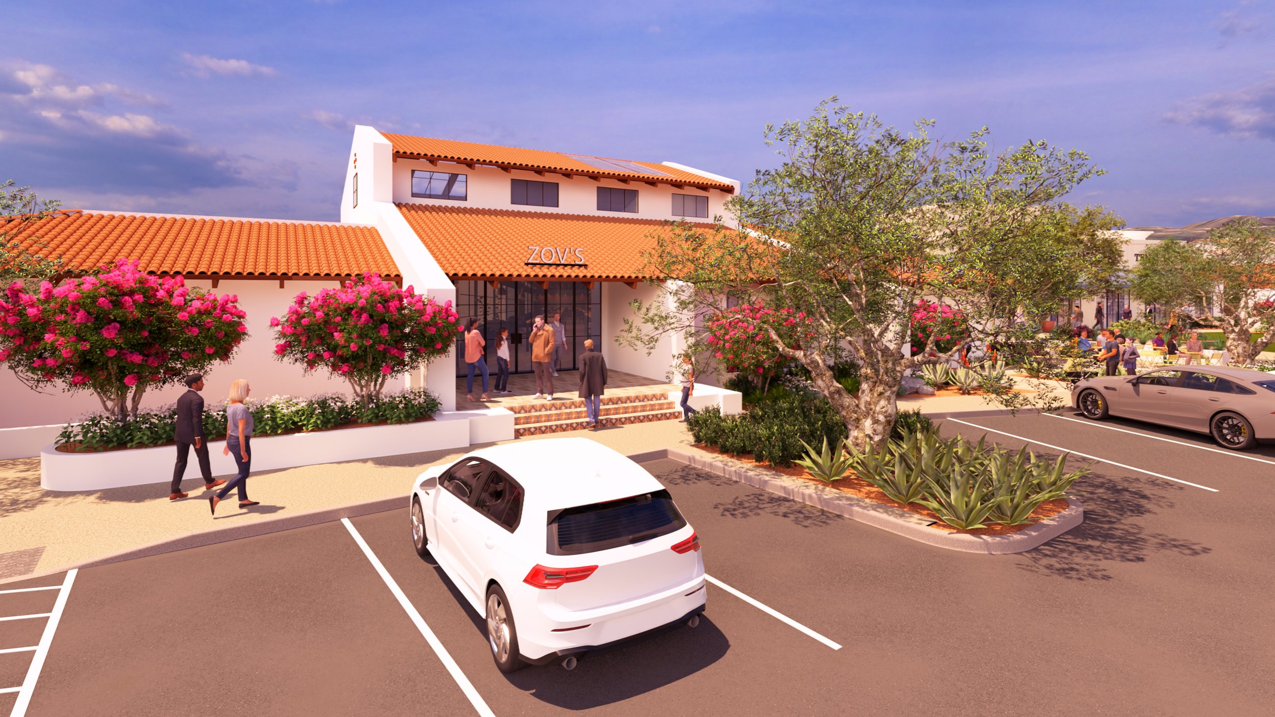 Illustration of a Mediterranean-style shopping center named ZOV'S with a terracotta tile roof, surrounded by flowering bushes and trees, with people walking and socializing outside, and a parking lot with several cars.