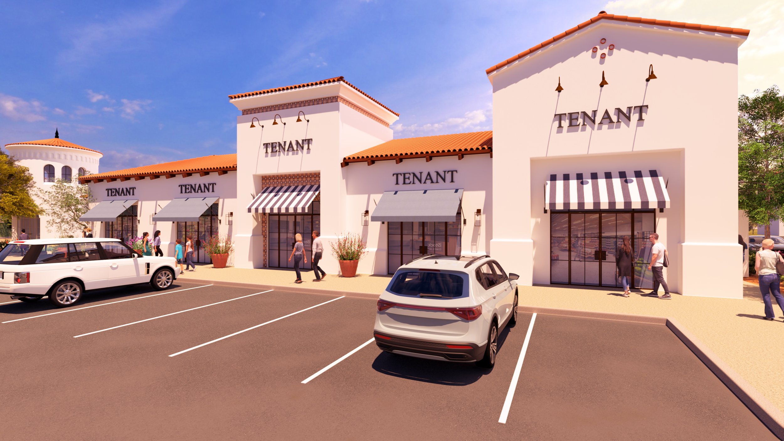 A shopping plaza with retail stores labeled as 'TENANT,' parked cars, and people walking on the sidewalk.
