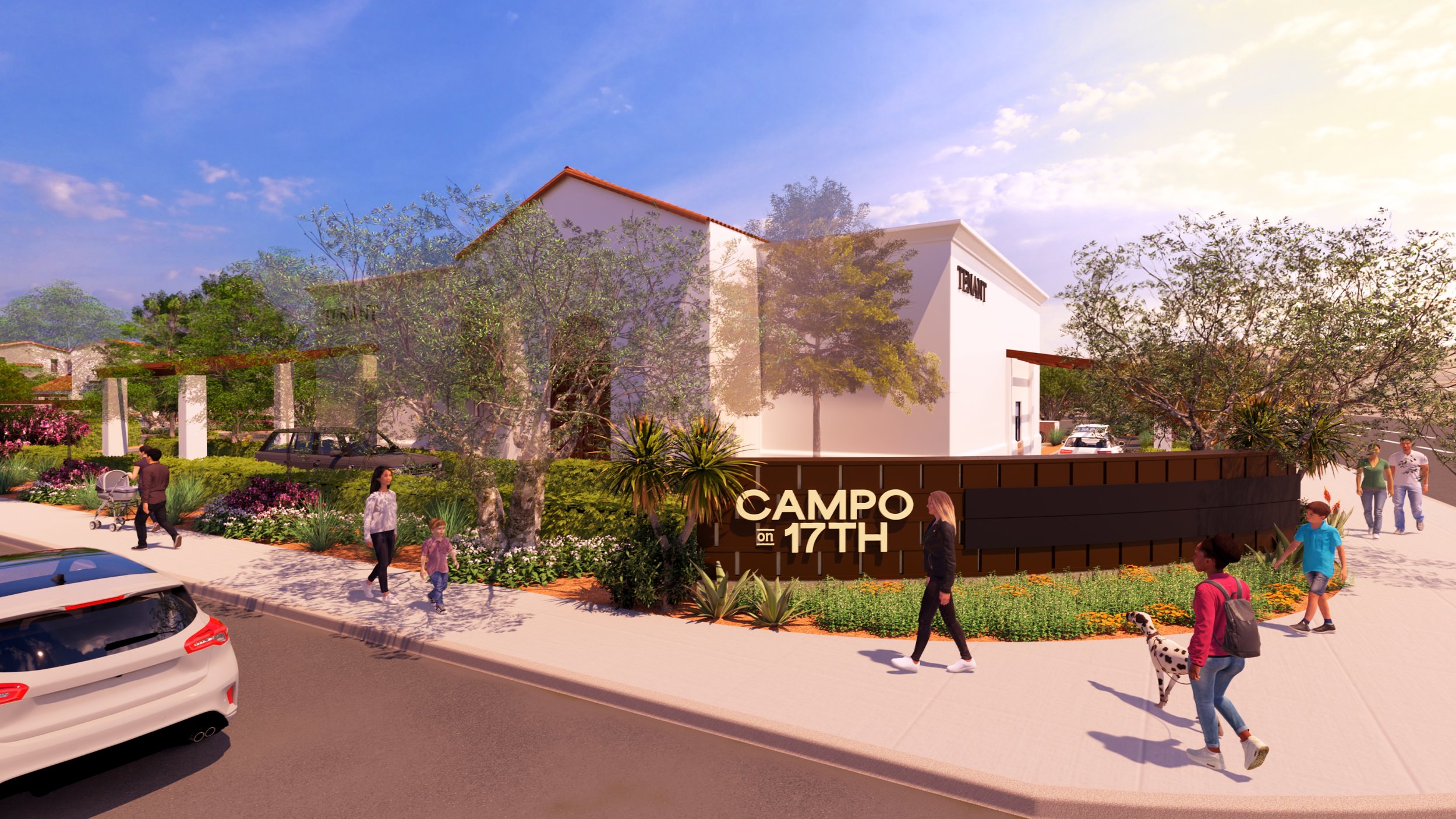 Render of a modern shopping center entrance with landscaping, trees, and people walking, near the sign 'CAMPO on 17TH'.