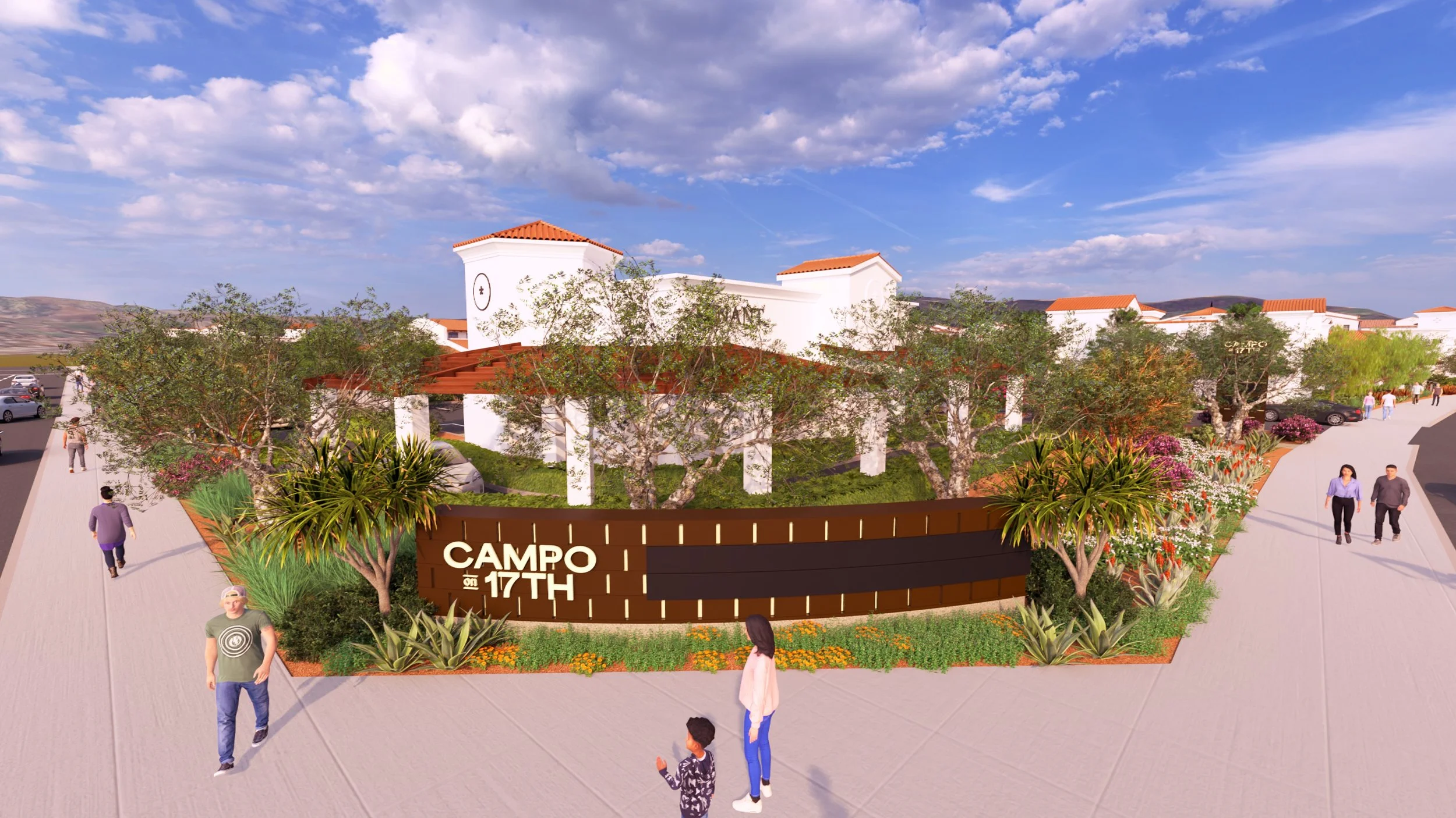 Rendering of the Campo on 17th entrance sign with landscaping, trees, flowers, and people walking and standing around.