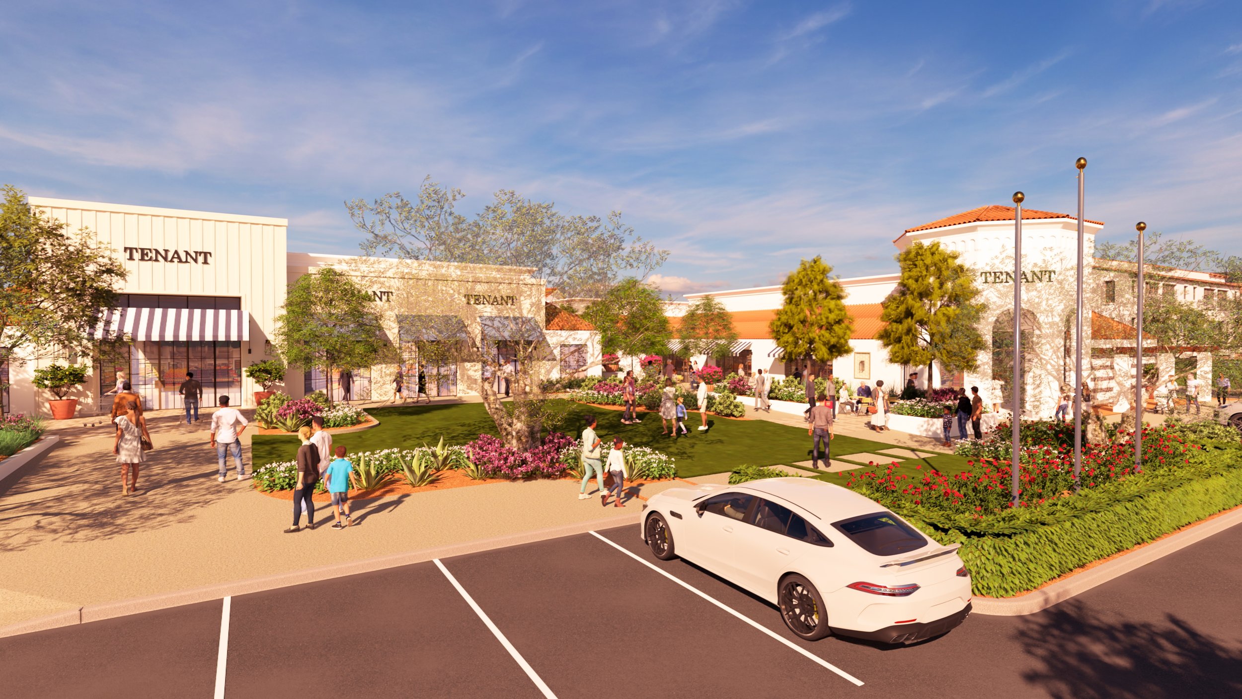Rendering of a shopping center with retail stores labeled 'TENANT', surrounded by trees, flowers, and people walking and shopping on a sunny day. A white car is parked in the foreground.