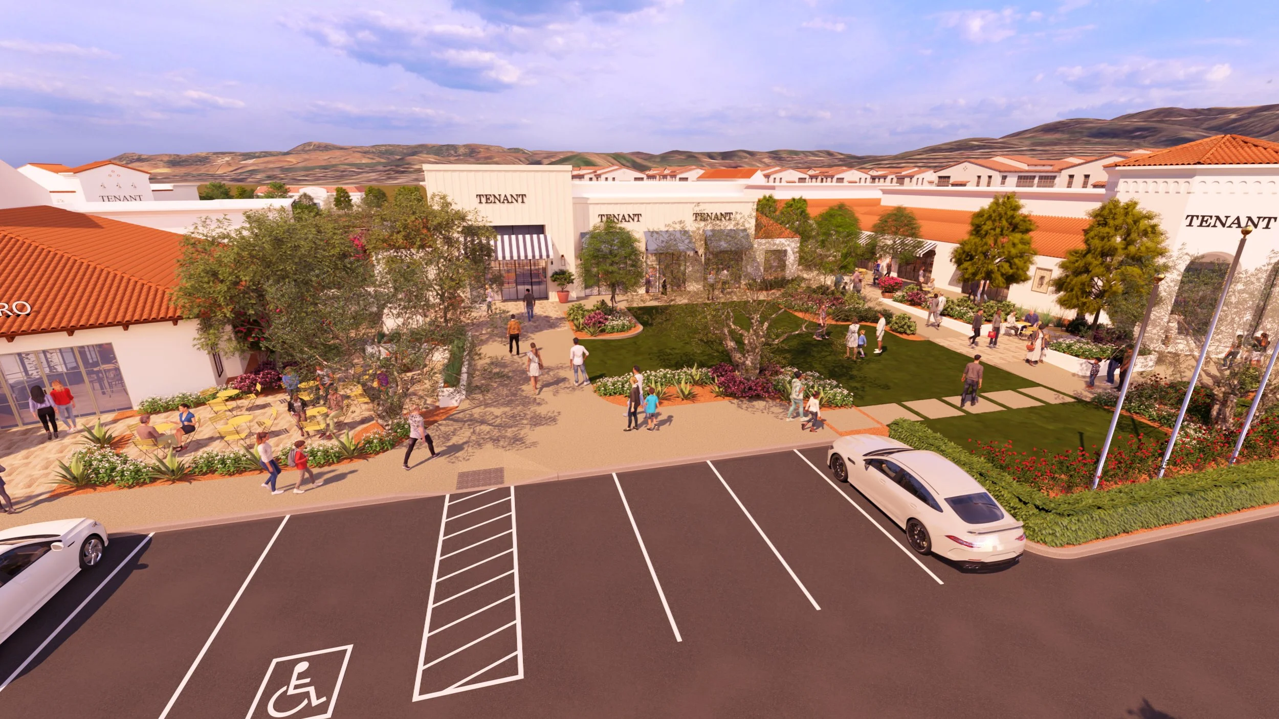 A shopping center courtyard with people walking and sitting among trees and flowers, with storefronts labeled 'Tenant' in the background, and a parking lot with cars in the foreground.