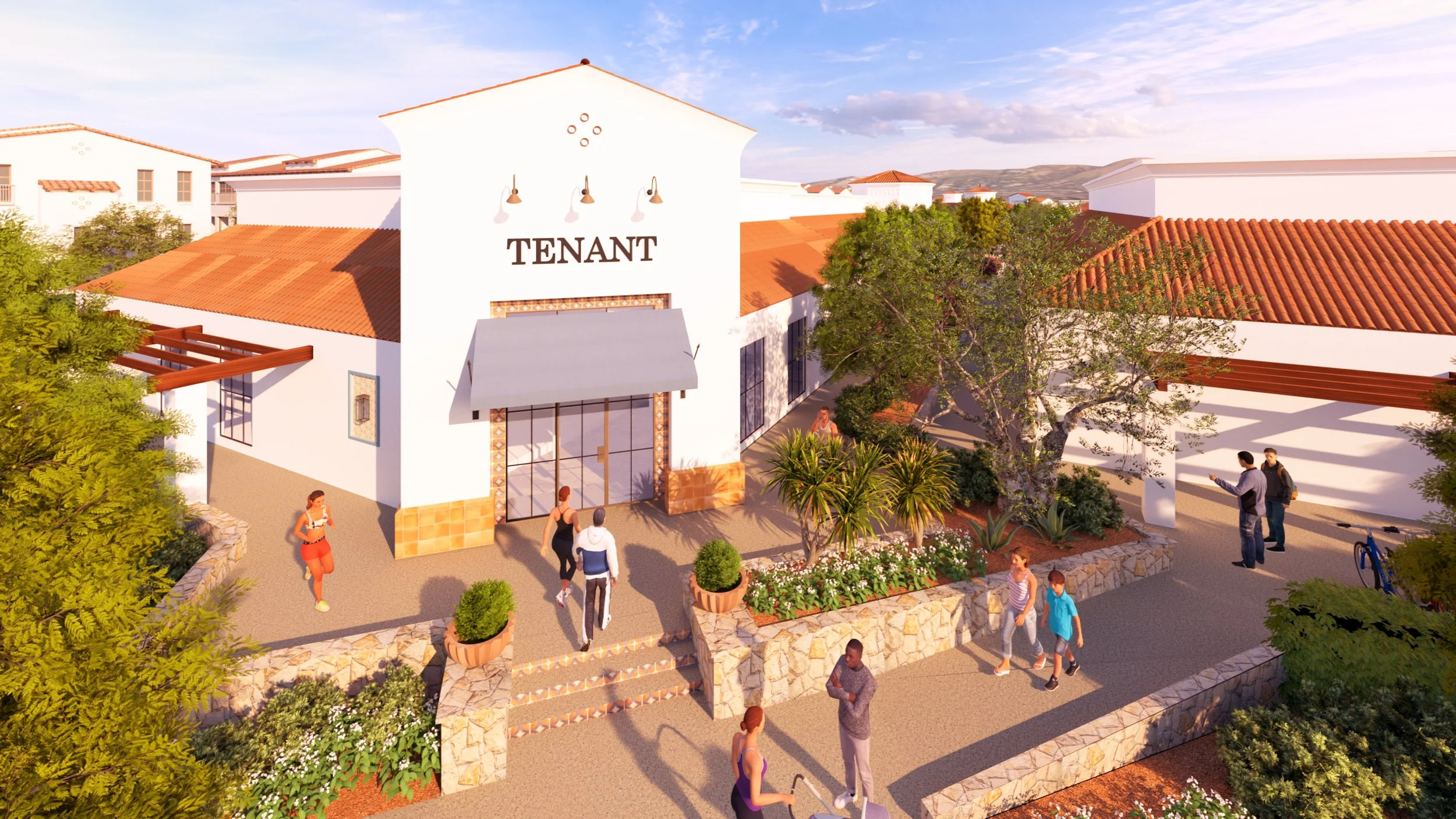 A colorful shopping mall exterior with a white building marked 'TENANT' on the front, surrounded by greenery and people walking.