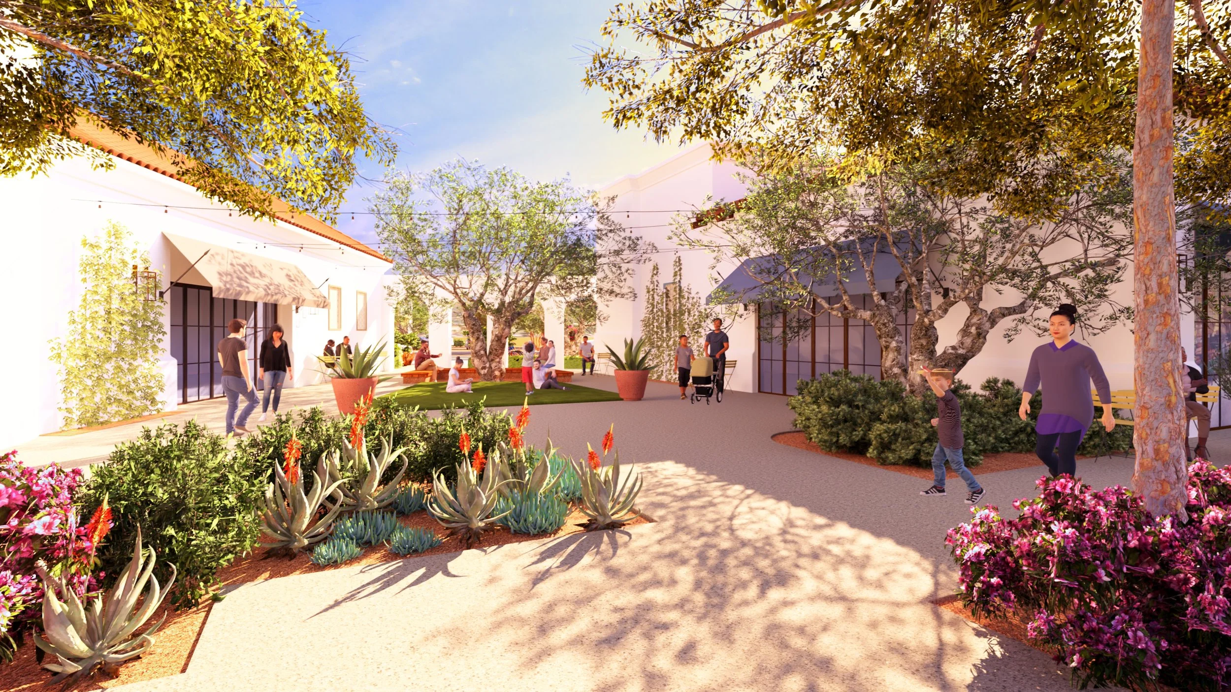 A lively outdoor courtyard with people walking and socializing amidst lush desert plants, trees, and colorful flowers, surrounded by white buildings with large windows and awnings, under a bright blue sky.