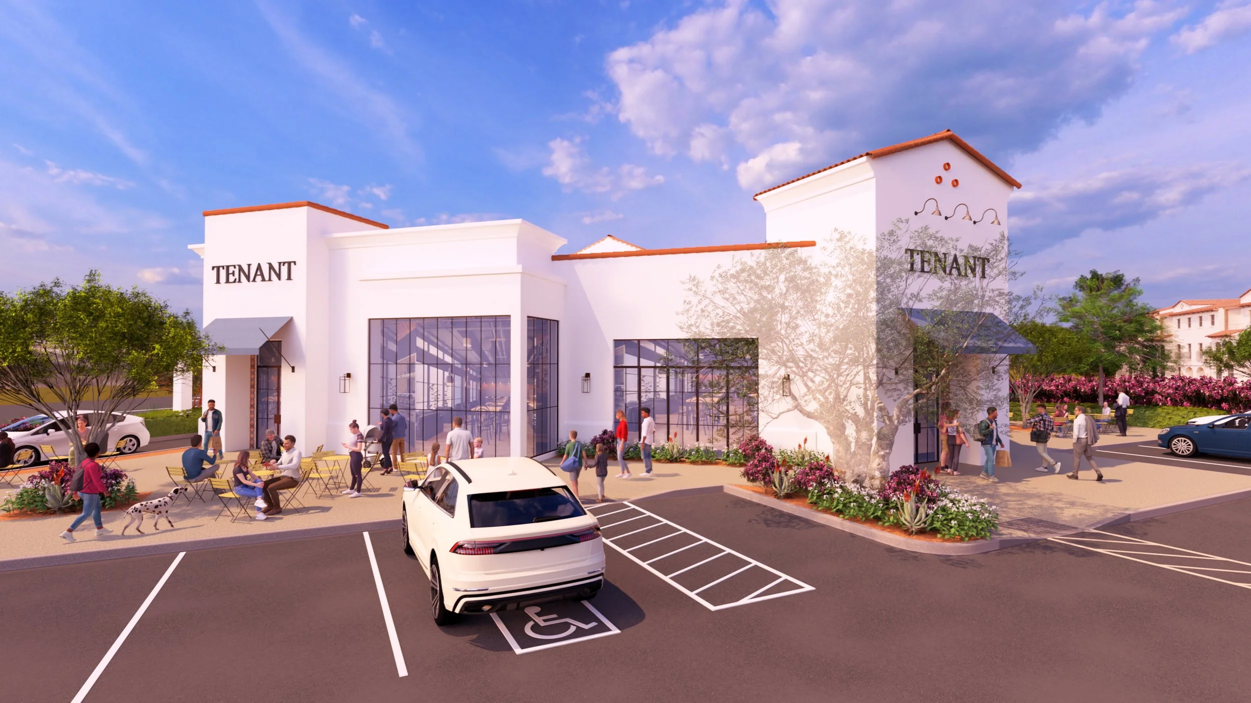 Rendering of a modern commercial building labeled 'TENANT' with outdoor seating, parking lot, and people walking.