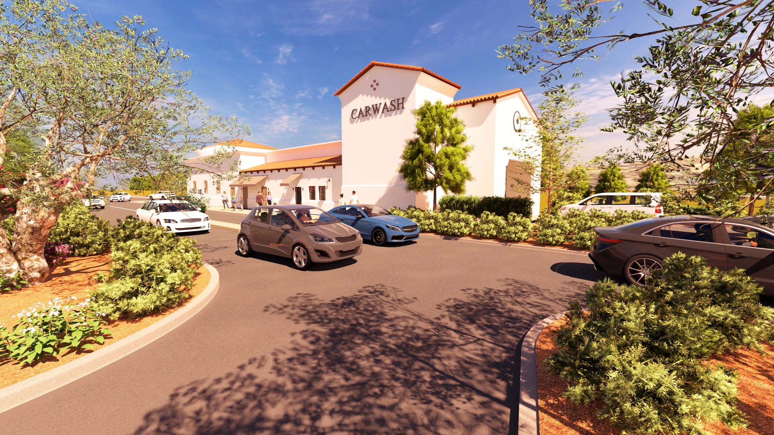 A parking lot outside a white building labeled 'Carwash' with several parked cars and landscaped greenery, under a clear blue sky.