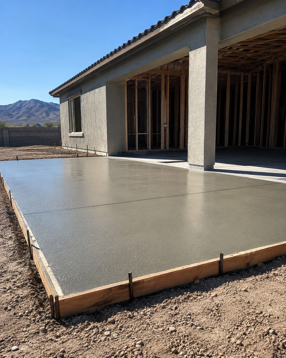 Newly poured concrete slab in front of a house under construction, with framing still exposed inside.
