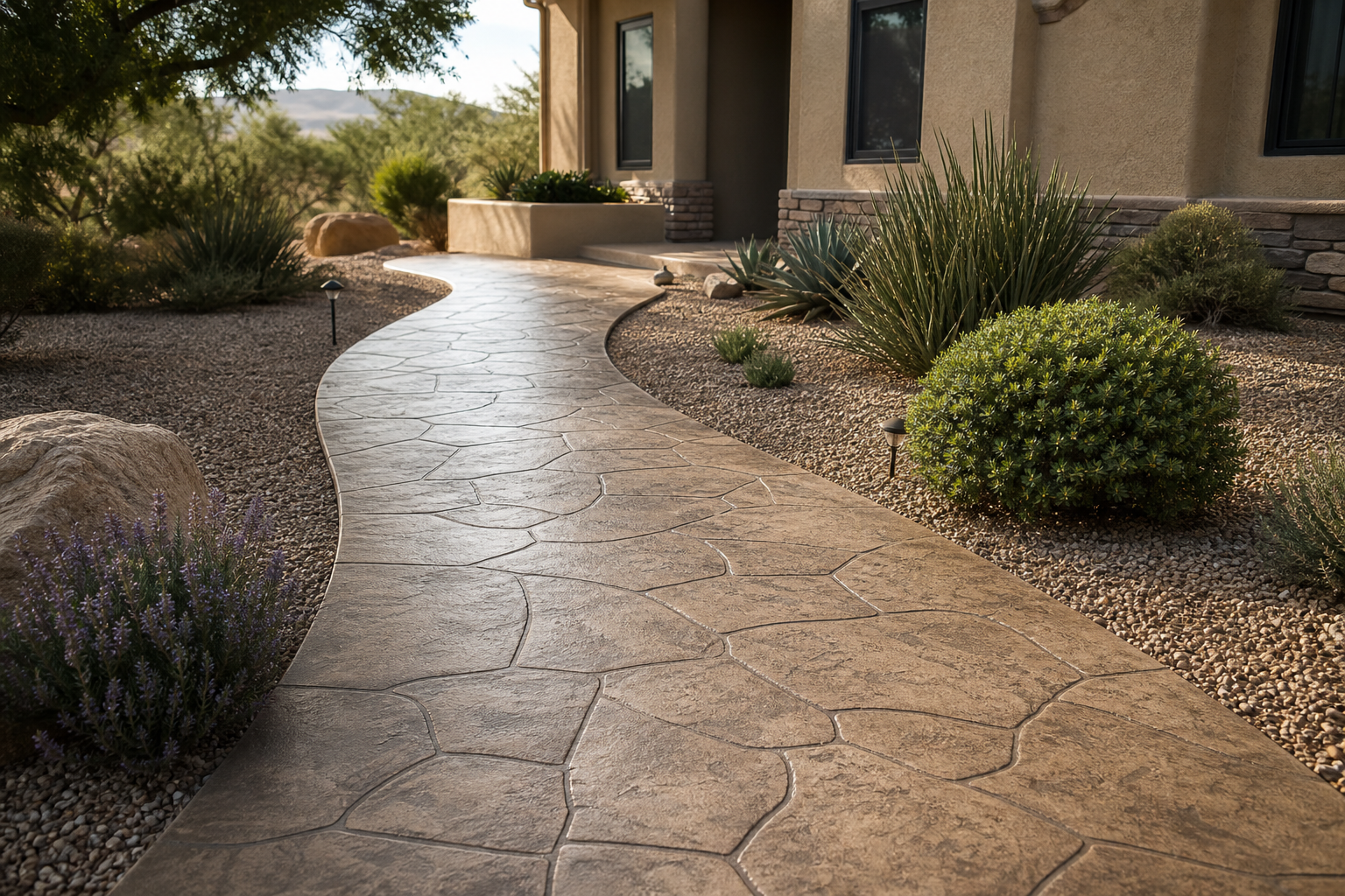 A curved concrete pathway in a desert-style yard with gravel and drought-tolerant plants like succulents and bushes, leading to a house with a beige exterior and black window frames.