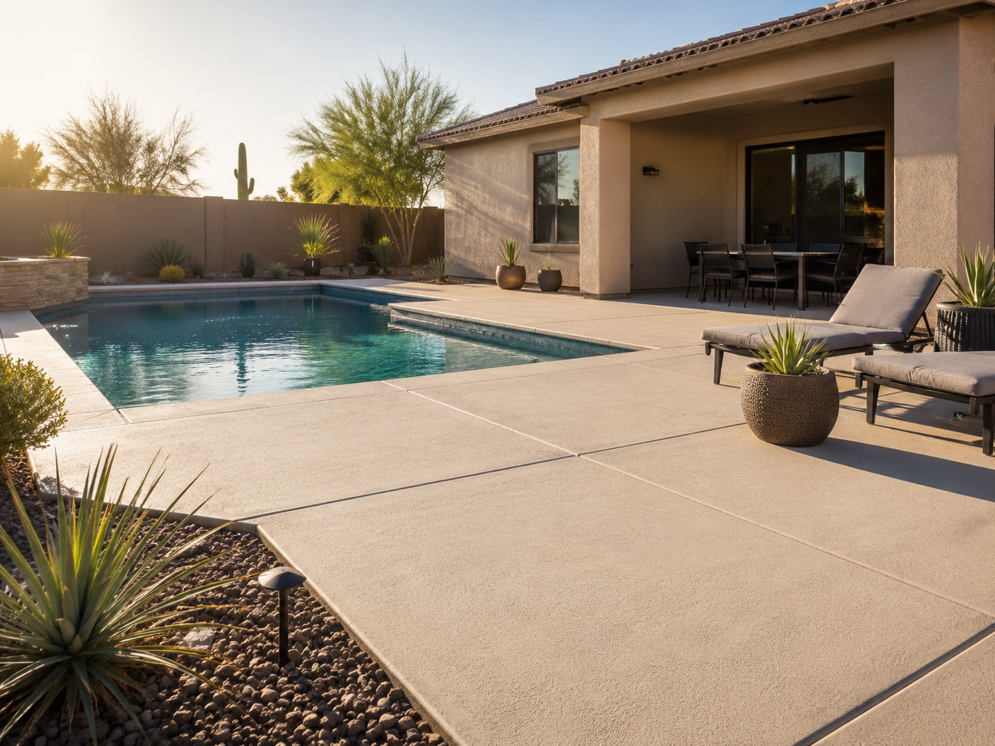 Backyard with a swimming pool, lounge chairs, potted plants, a covered patio with a dining table, desert landscaping, and a beige house with a tiled roof.