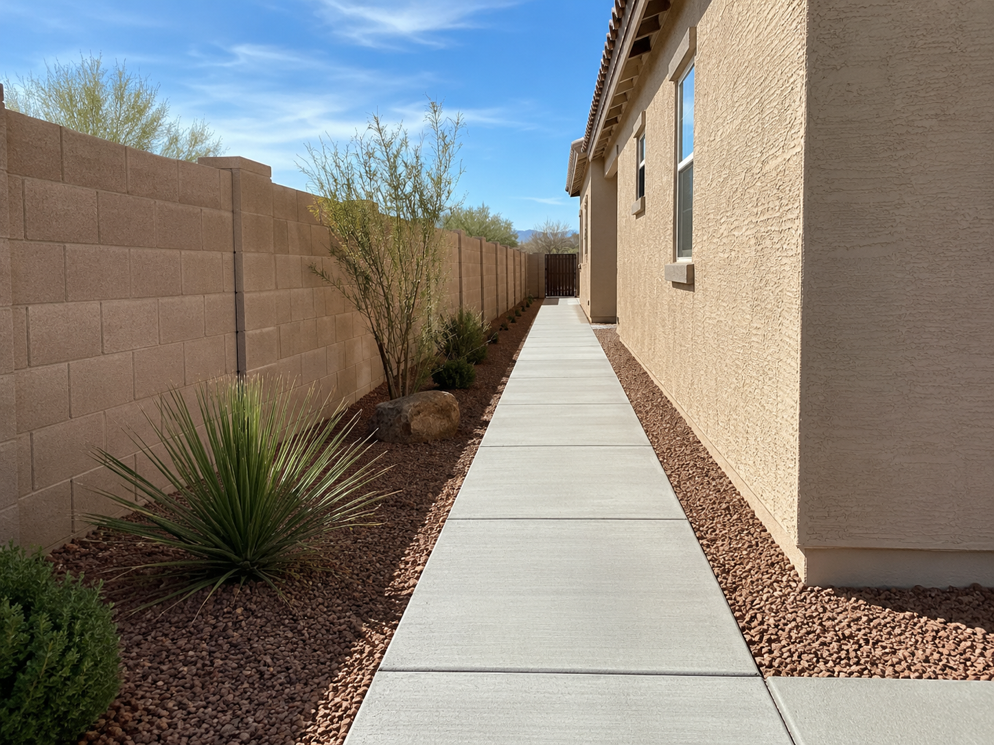 A narrow sidewalk alongside a beige house with three windows, bordered by a reddish-brown gravel garden with desert plants and a brown brick wall on the left, under a clear blue sky.
