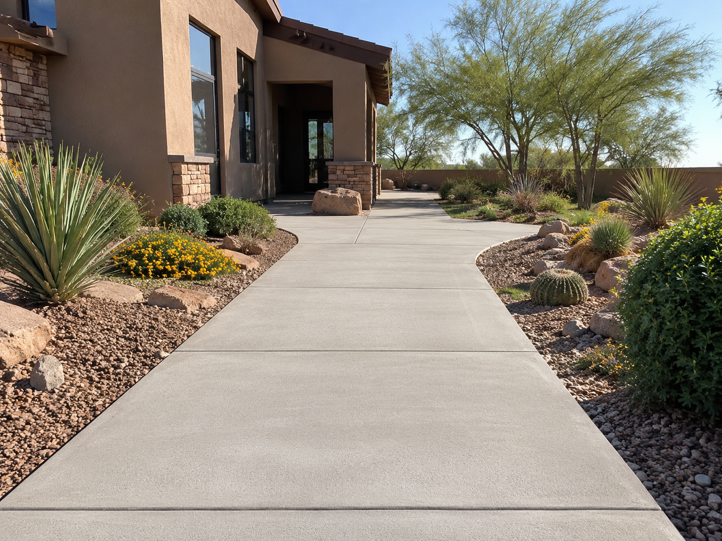 Concrete walkway leading to the front door of a house, surrounded by desert plants including cacti, yucca, and small bushes in a dry landscape, with a large tree and a clear blue sky in the background.