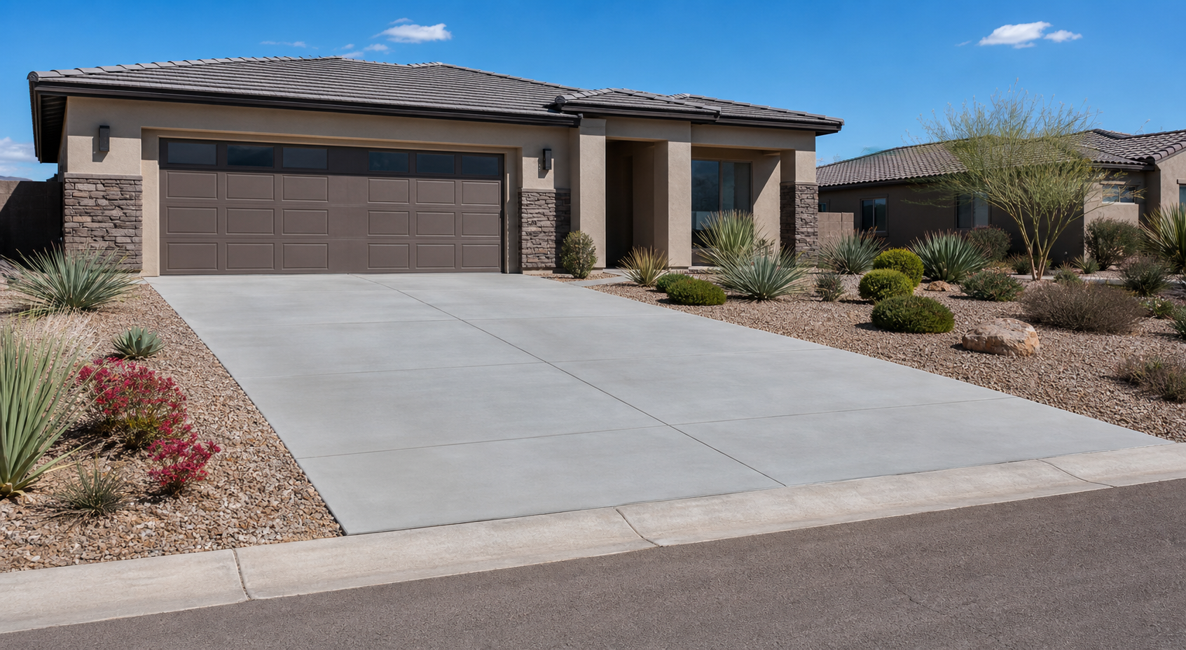 Front view of a modern house with a concrete driveway, desert landscaping, and a blue sky with a few clouds.