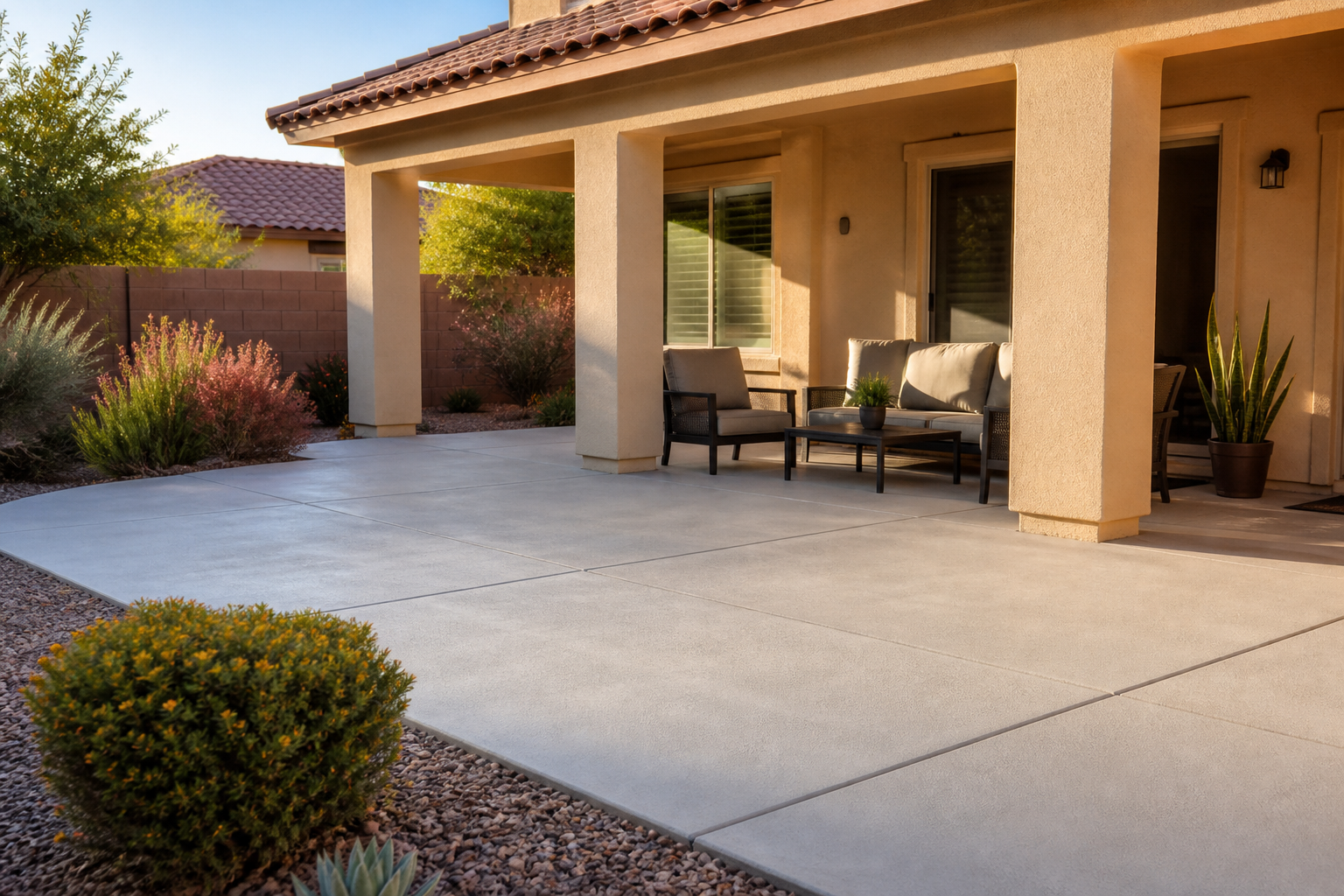 Back patio with beige stucco house, covered porch, outdoor seating including a cushioned sofa and chairs, potted plants, and desert landscaping with small bushes and gravel.