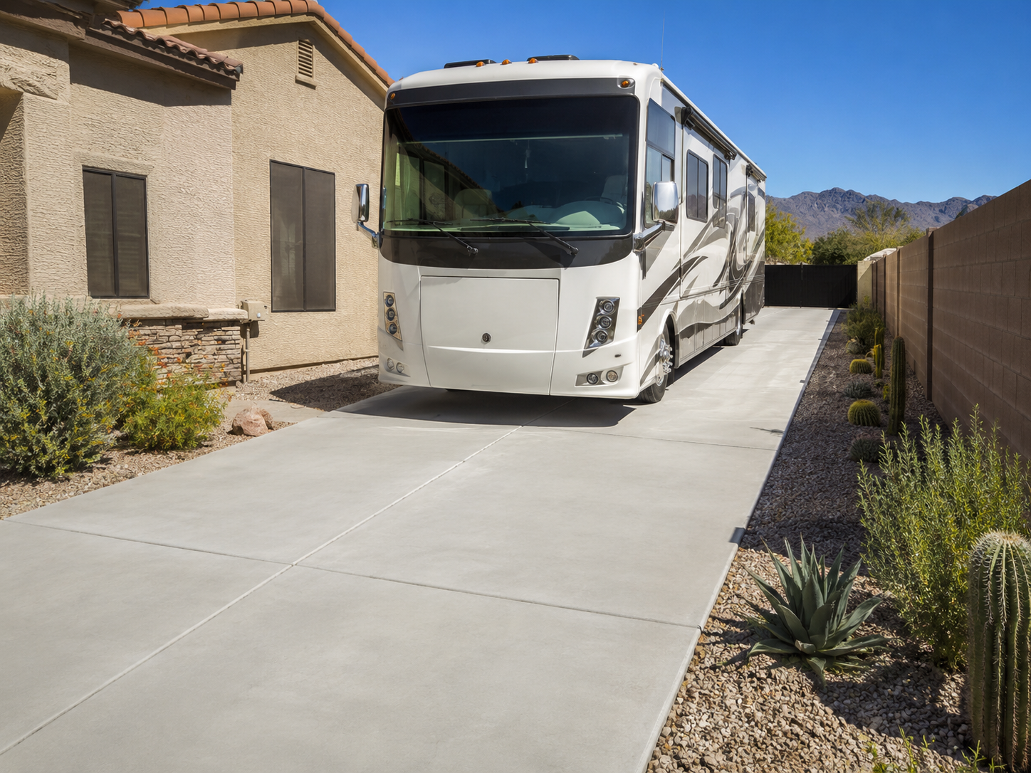 A white recreational vehicle (RV) parked in a driveway next to a beige house with desert landscaping, including cacti and succulents, under a clear blue sky with mountains in the background.