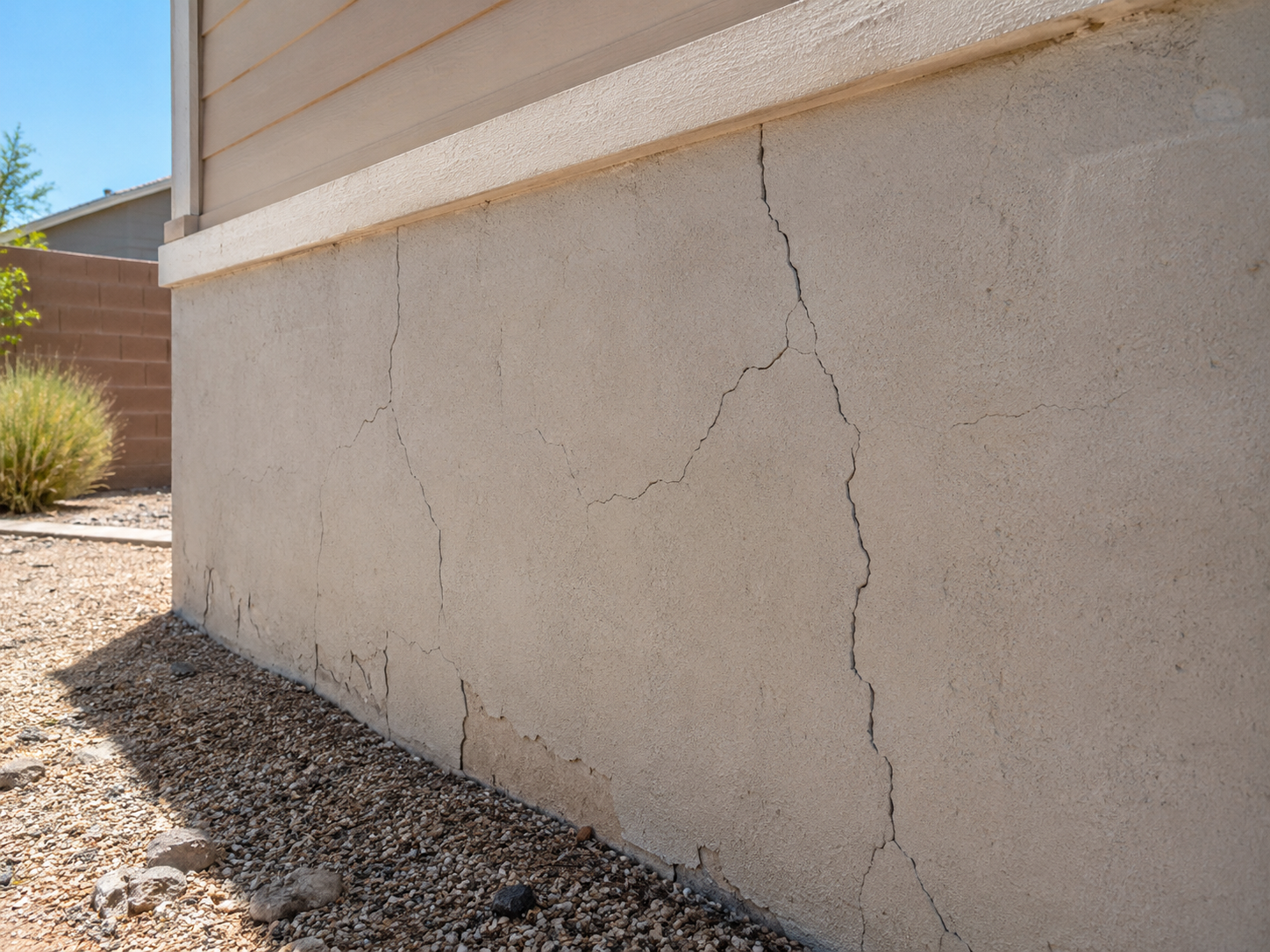 The exterior foundation wall of a house showing multiple large cracks in the concrete surface.