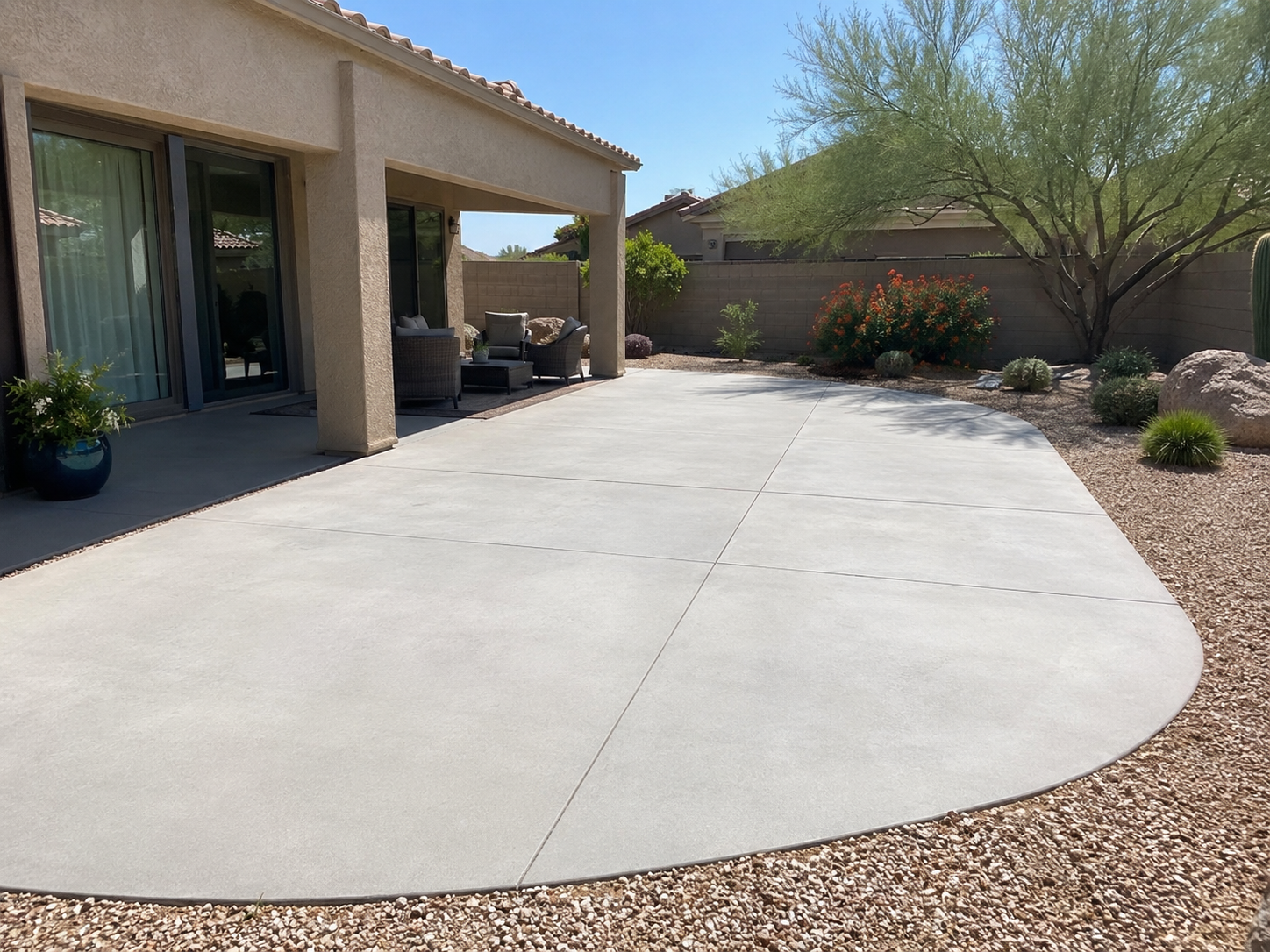 A clean, light gray concrete patio with a curved edge, next to a garden with desert plants and rocks. There is a covered patio area with outdoor furniture and a sliding glass door leading into the house, a potted plant, a small tree, and a tall cactus. The background shows a beige wall and a blue sky.