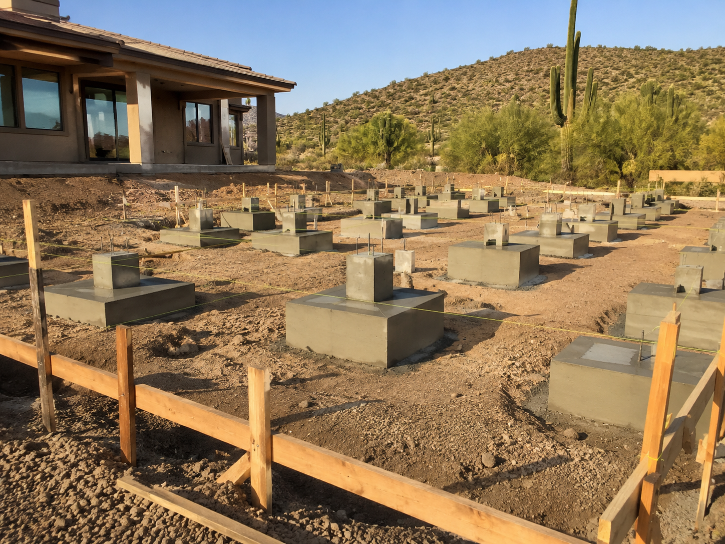 Construction site with concrete foundation blocks arranged in rows, surrounded by wooden barriers, in a desert area with cacti and mountains in the background.