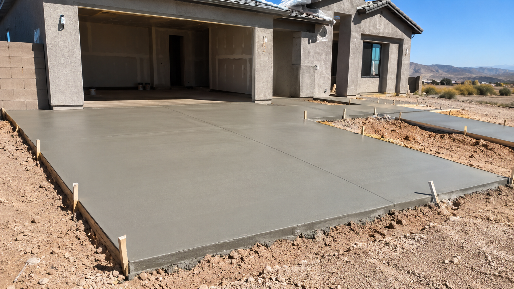 Newly poured concrete driveway in front of a house under construction, with wooden stakes marking the edges on a construction site in a desert-like area.