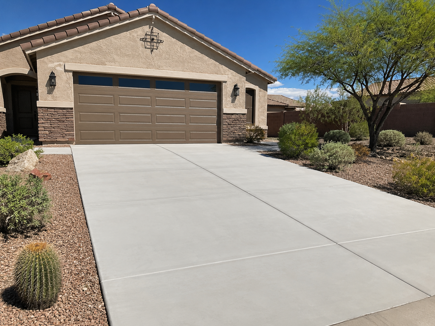 Front view of a house with a brown garage door, beige stucco walls, and a tiled roof. The driveway is concrete, leading up to the garage. There is desert landscaping with rocks, cacti, shrubs, and a tree on the right side, and a clear blue sky overhead.