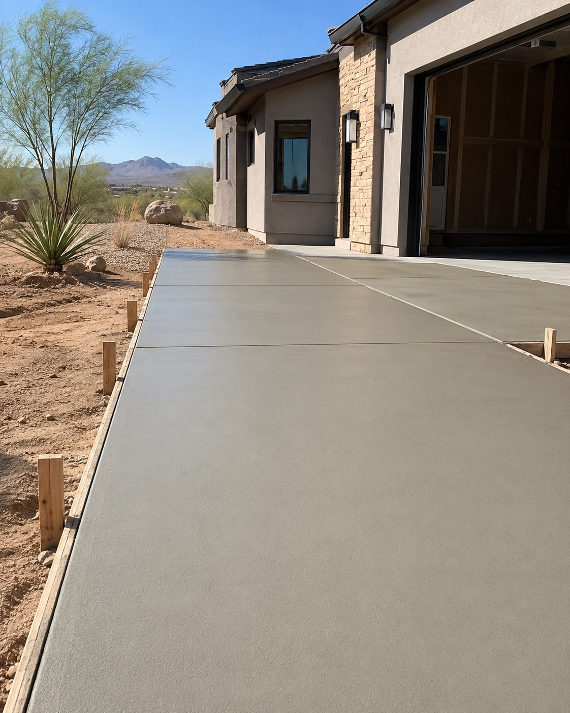 A new concrete sidewalk leading to the entrance of a house in a desert landscape with sparse desert plants, a tree, and mountains in the background.