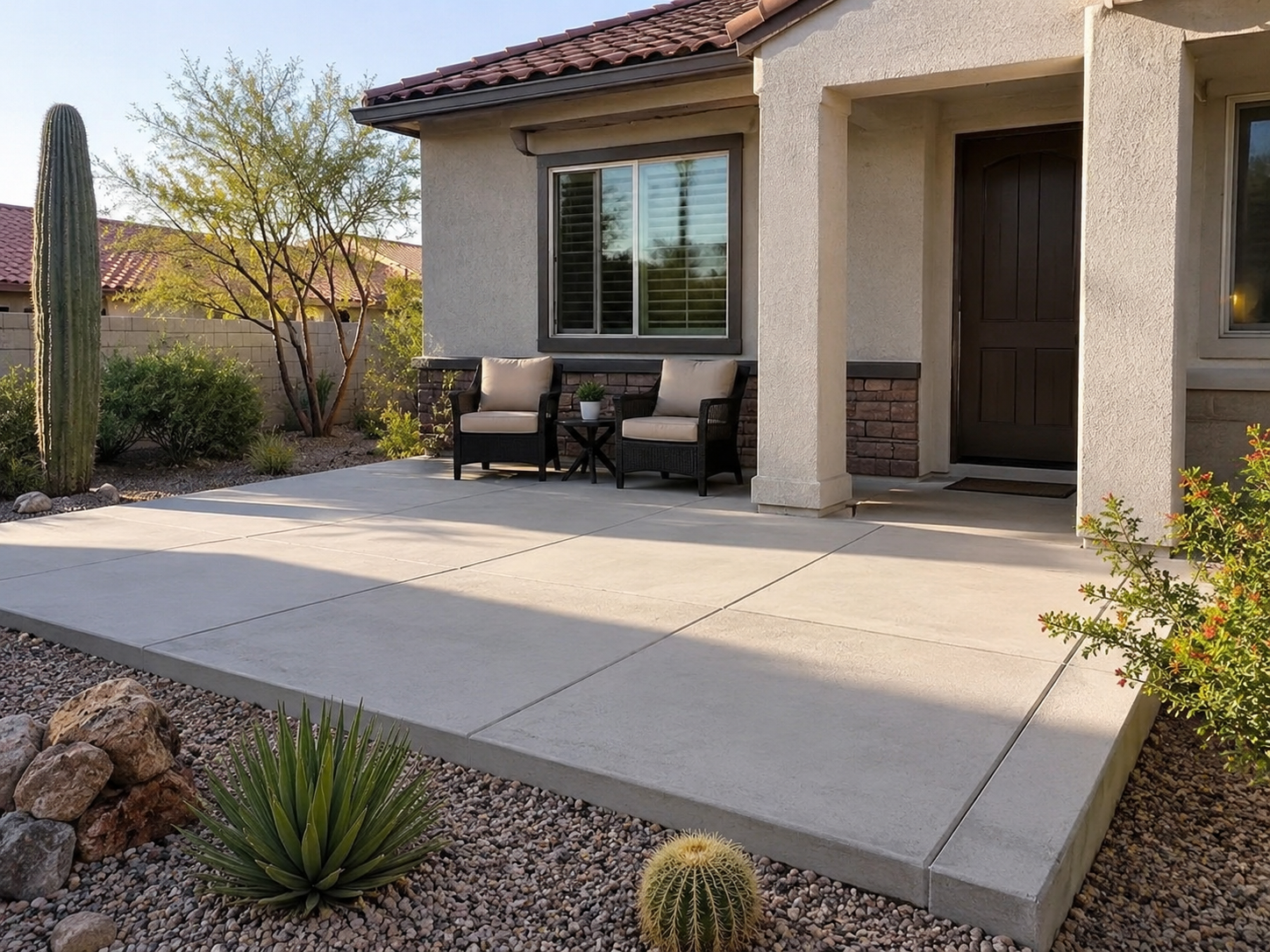 Front porch of a house with two black wicker chairs, a small black table, potted plant, large window, and dark front door. Surrounding desert landscaping includes cacti, shrubs, and rocks.