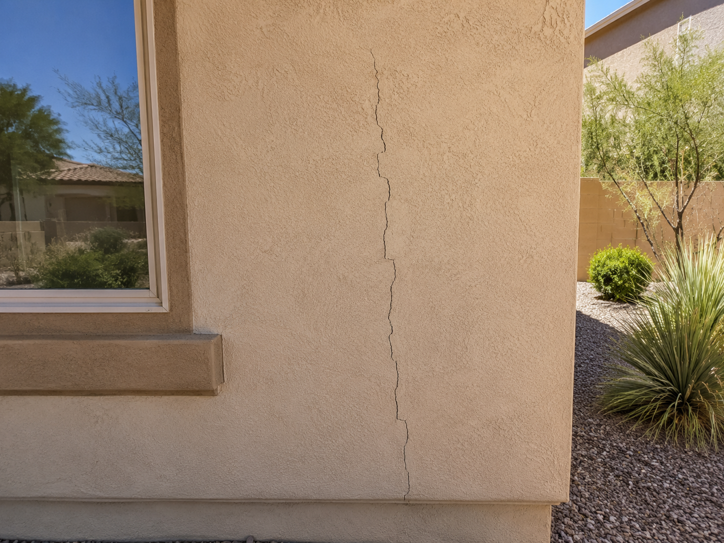 Exterior beige stucco wall with a visible vertical crack next to a window, with desert landscaping including a tree, bushes, and spiky plants nearby.